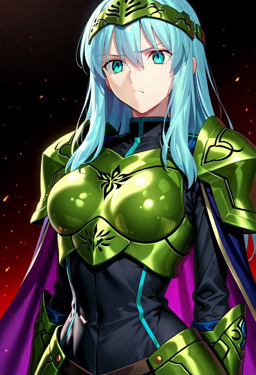 score_9, score_8_up, score_7_up, ((solo)), calm, pout, closed mouth, 1girl, solo, (medium breasts, thin waist, wide hips), peaceful, closed mouth, adult, (((eirika face))), (((cyan hair, cyan eyes))), ((long hair, hair between eyes)), (((indigo cape, metal headband, green metal_uniform, metal breast_armor))), no background, dark background, cowboy shot, dark background, portrait, Expressiveh,