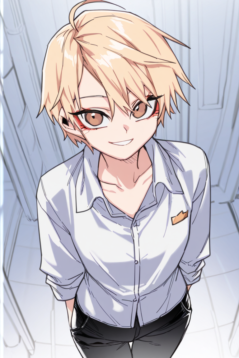 Score_9, score_8_up, score_7_up, masterpiece, best quality, newest, absurdres, highres,HongiLtak, 1boy, blonde hair, brown eyes, ahoge, short hair, eyeliner, collarbone, collared shirt, smile, looking at viewer, pants, solo