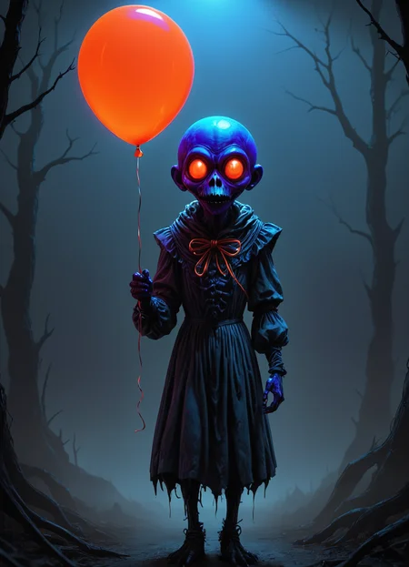 (Ombre color scheme of neon blue,neon purple ,neon orange ) dark aesthetic, A creepy dark humanoid figure, holding a red balloon, scary, eerie, stunning fantasy illustration, dark details, attention to detail, fantasy, <lora:TheWeirdies:0.45> TheWeirdies <lora:bimbambom:0.65>