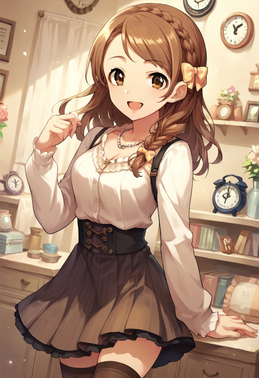 score_9, score_8_up, score_7_up, source_anime,hojo karen, 1girl, solo, long hair, smile, open mouth, skirt, brown hair, thighhighs, bow, brown eyes, jewelry, braid, hair bow, necklace,  clock
