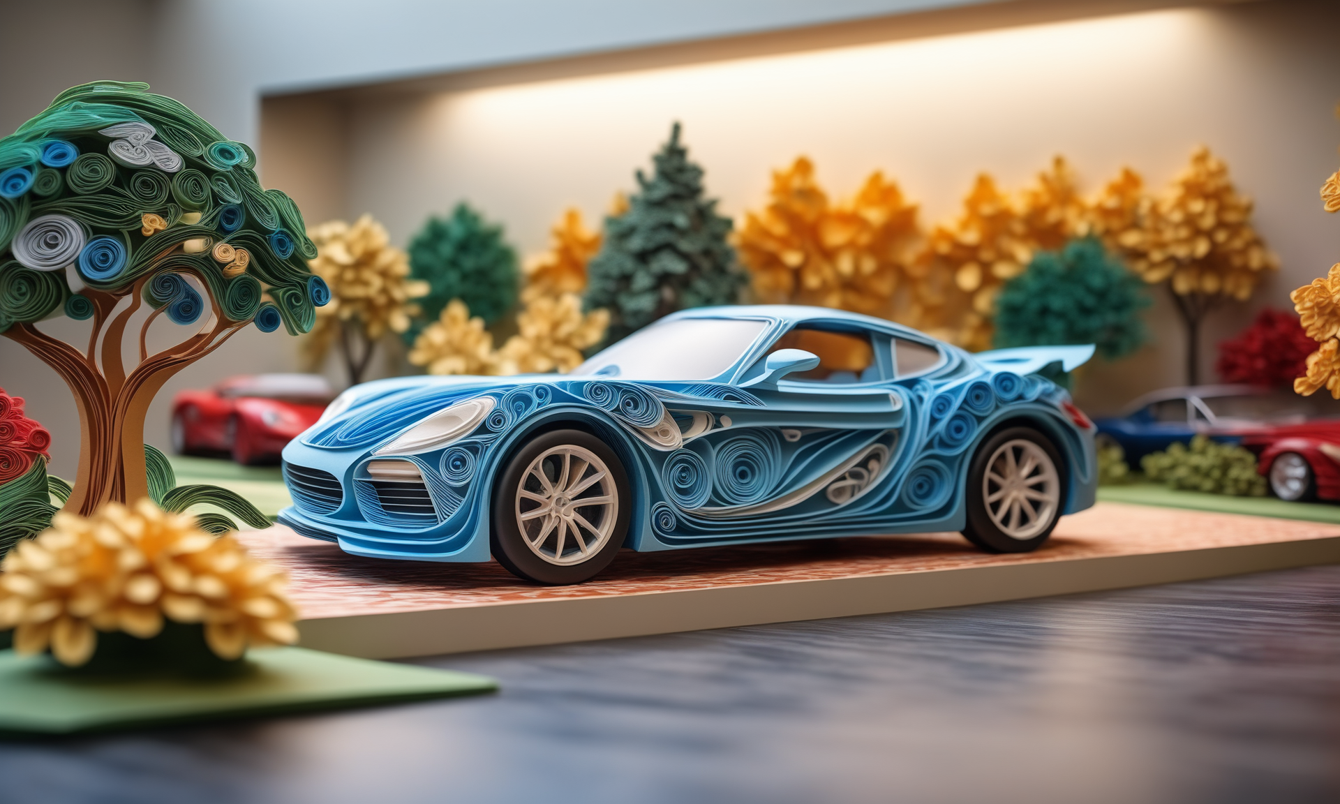 Paper quilling art of <lora:papercarvingcd_xl-000005:0.6>,a handmade sculpture of a modern sports car made of papercarvingcd_xl in office scene,full body,scenery,tree,river,highway,miniature,tilt-shift,indoors,supercar,front view,facing viewer,8K,HDR,UHD,masterpiece,best quality,highly detailed,high resolution,finely detail,extremely detailed,ultra detailed,wallpaper . Intricate, delicate, curling, rolling, shaping, coiling, loops, 3D, dimensional, ornamental