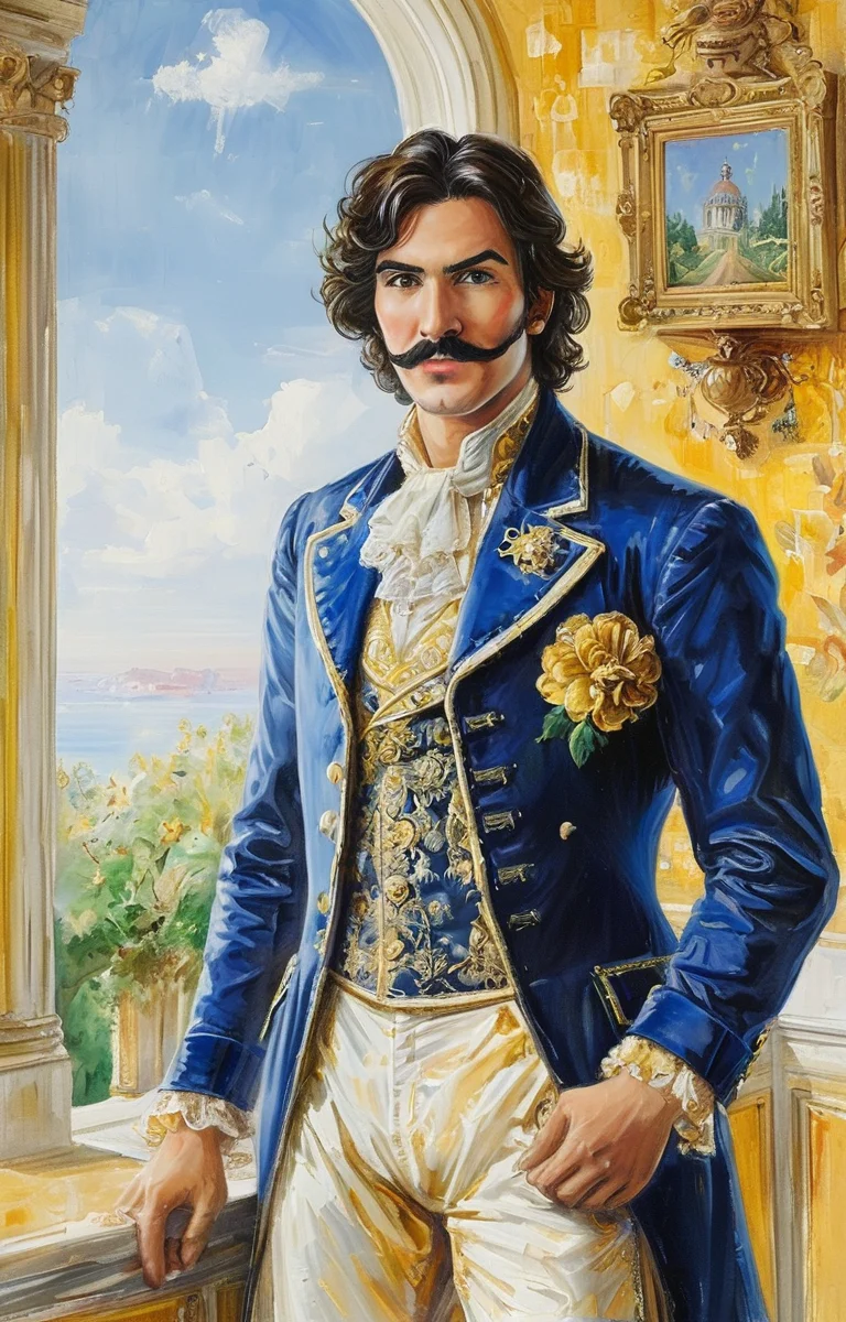 masterpiece,best quality,<lora:tbh343-sdxl:0.75>,illustration,style of Mario Buatta portrait of noble man