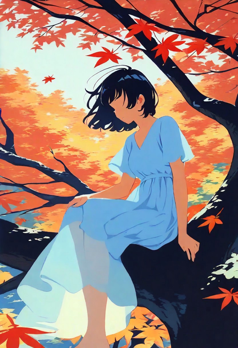 masterpiece, absurdres, (impressionism:1.2), realistic body, minimalism, scan,
1girl, maple leaf, sitting in tree, light blue dress, see-through silhouette, black hair, wind,