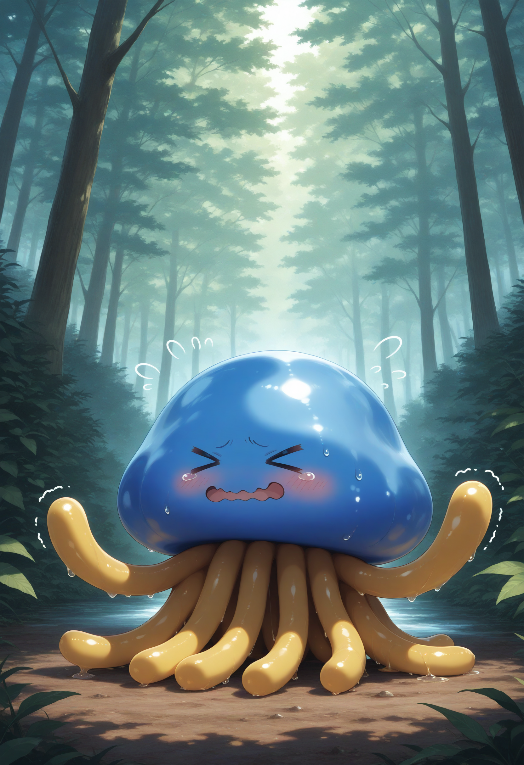 masterpiece,extreme detailed,outdoors,forest BREAK full body,
BREAK hoimin1,1other,no humans,yellow tentacles,slime (creature),blue_skin,<lora:hoimin_(dq)-NAI:1>,flying sweatdrops,shaking,wavy mouth,> <,,,