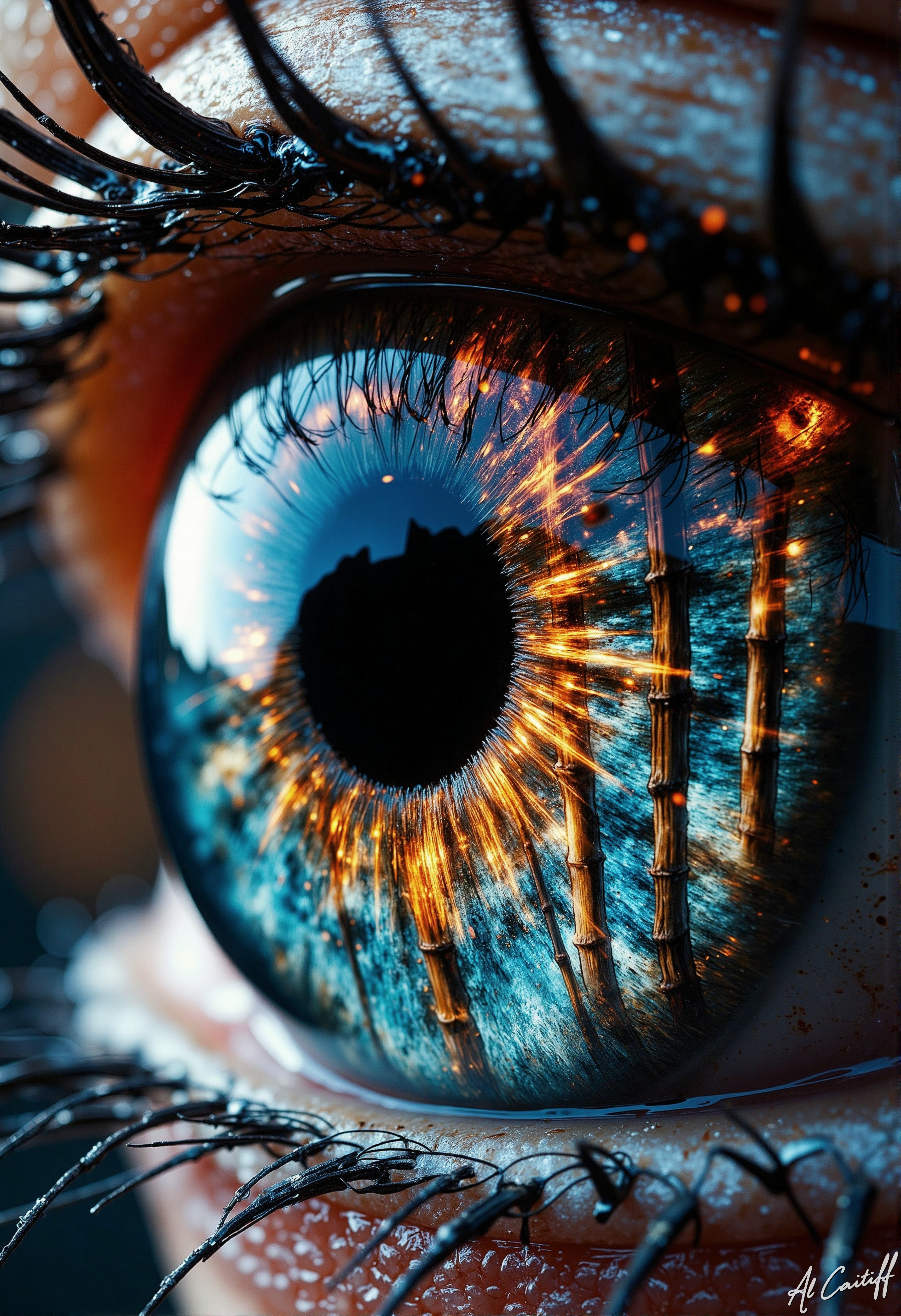 Extreme macro shot of a compound eye with a mesmerizing bamboo forest pattern etched across its iris. Flames and glowing blue water surge from the pupil in intertwined spirals, the fire casting flickering gold highlights while the water radiates an eerie, bioluminescent chill. A slender proboscis extends from the lower edge of the eye, its needle-like tip delicately sipping from the clear, luminous liquid. The surrounding bamboo stalksâeach reflected in the eye's fractal lensesâtremble as if alive, their leaves whispering secrets. Heat and cold warp the air above the pupil, creating shimmering mirage distortions where the opposing elements collide., fg, l1n0c2t<lora:Flux/Stylized-Super-Texture.safetensors:0.4000000000000001:0.4000000000000001> <lora:CustomFlux/MysticFantasy.safetensors:0.20000000000000004:0.20000000000000004> <lora:CustomFlux/MysticRealism.safetensors:0.7000000000000002:0.7000000000000002> <lora:Flux/Linocut - s1 g4.safetensors:0.25000000000000006:0.25000000000000006>
