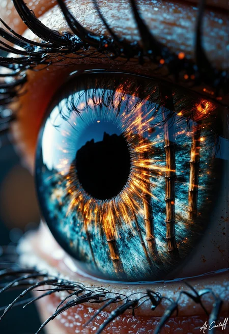 Extreme macro shot of a compound eye with a mesmerizing bamboo forest pattern etched across its iris. Flames and glowing blue water surge from the pupil in intertwined spirals, the fire casting flickering gold highlights while the water radiates an eerie, bioluminescent chill. A slender proboscis extends from the lower edge of the eye, its needle-like tip delicately sipping from the clear, luminous liquid. The surrounding bamboo stalksâeach reflected in the eye's fractal lensesâtremble as if alive, their leaves whispering secrets. Heat and cold warp the air above the pupil, creating shimmering mirage distortions where the opposing elements collide., fg, l1n0c2t<lora:Flux/Stylized-Super-Texture.safetensors:0.4000000000000001:0.4000000000000001> <lora:CustomFlux/MysticFantasy.safetensors:0.20000000000000004:0.20000000000000004> <lora:CustomFlux/MysticRealism.safetensors:0.7000000000000002:0.7000000000000002> <lora:Flux/Linocut - s1 g4.safetensors:0.25000000000000006:0.25000000000000006>