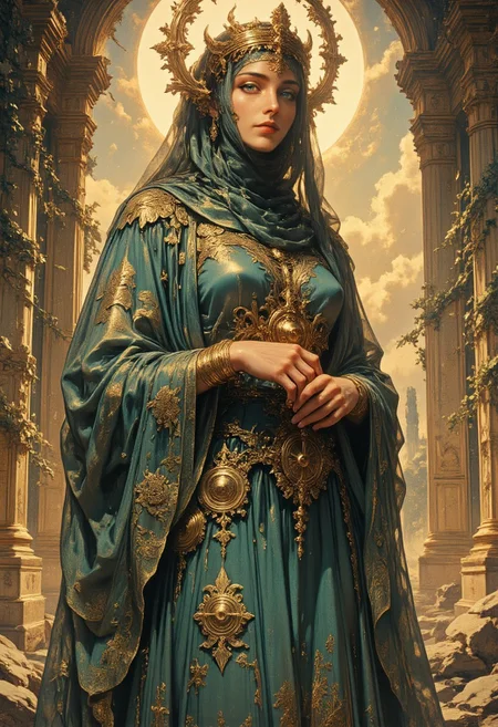 A celestial emissary of time stands gracefully among ancient ruins bathed in golden twilight. She is a vision of divine elegance, draped in an emerald-green gown adorned with intricate golden embroidery, vines, and celestial filigree. The fabric flows weightlessly, as if suspended between time and space, shimmering with faint magical energy. A radiant golden halo, constructed from interlocking clockwork gears and delicate Roman numerals, encircles her head, pulsating with a soft celestial glow. Her serene expression carries the wisdom of eternity, her green eyes reflecting the passage of time itself. Her hands and replace by floating golden particles, poised with intentional grace, exude an ethereal glow. Her long, wavy hair cascades down her back, catching the light with divine radiance. Each thread of her gown is woven with shimmering strands of fate, small golden symbols of past, present, and future subtly embroidered into the fabric. Behind her, the remnants of an ancient celestial temple stand, its towering columns draped in ivy and fragments of forgotten history. The atmosphere shimmers with suspended golden dust, illuminating the air like embers caught in a timeless waltz. The soft glow of celestial magic radiates from her presence.
