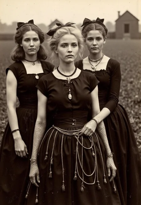 An aged worn sepia monochrome 1800s photograph A breathtaking 1984 fashion full-body photograph portrait, group of Amish women on a farm background,  capturing a 1983 Elle Vogue magazine fashion shoot featuring a beautiful Madonna lookalike, in her "street urchin" look consisting of short skirts worn over leggings, necklaces, rubber bracelets, fishnet gloves, hairbows, long layered strings of beads, bleached, untidy hair with dark roots, headbands, and lace ribbons, wearing stark black eyeliner, black nail polish, and black lipstick.