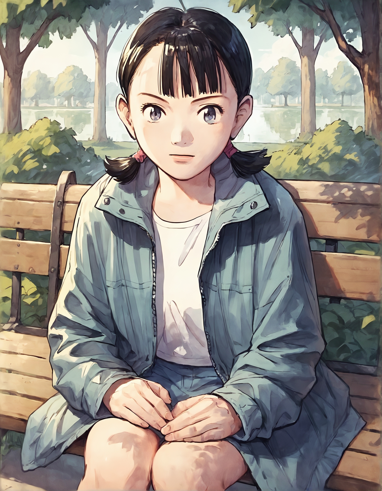 score_9, score_8_up, score_7_up,score_6_up,high resolution,upper body,n4a0kistyle,asadora,1girl,black hair,twintails,solo,jacket,on a bench,park,masterpiece,sitting,looking at viewer