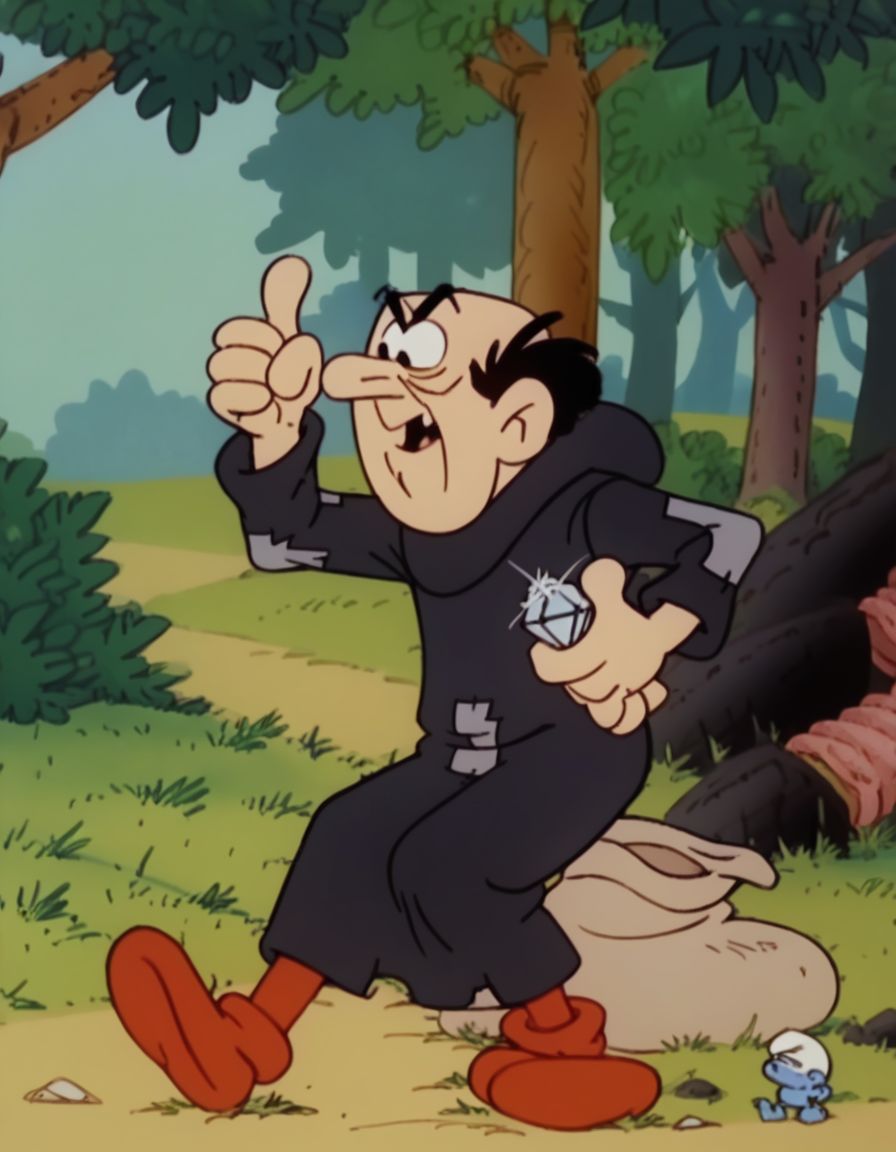 score_9, score_8_up, score_7_up, source_cartoon, masterpiece, best quality, cartoon,  <lora:Gargamel0:1>, Gargamel0, black hair, 1boy, holding a diamond, male focus, outdoors, tree, grass, nature, forest, rock, red footwear, thumbs up
