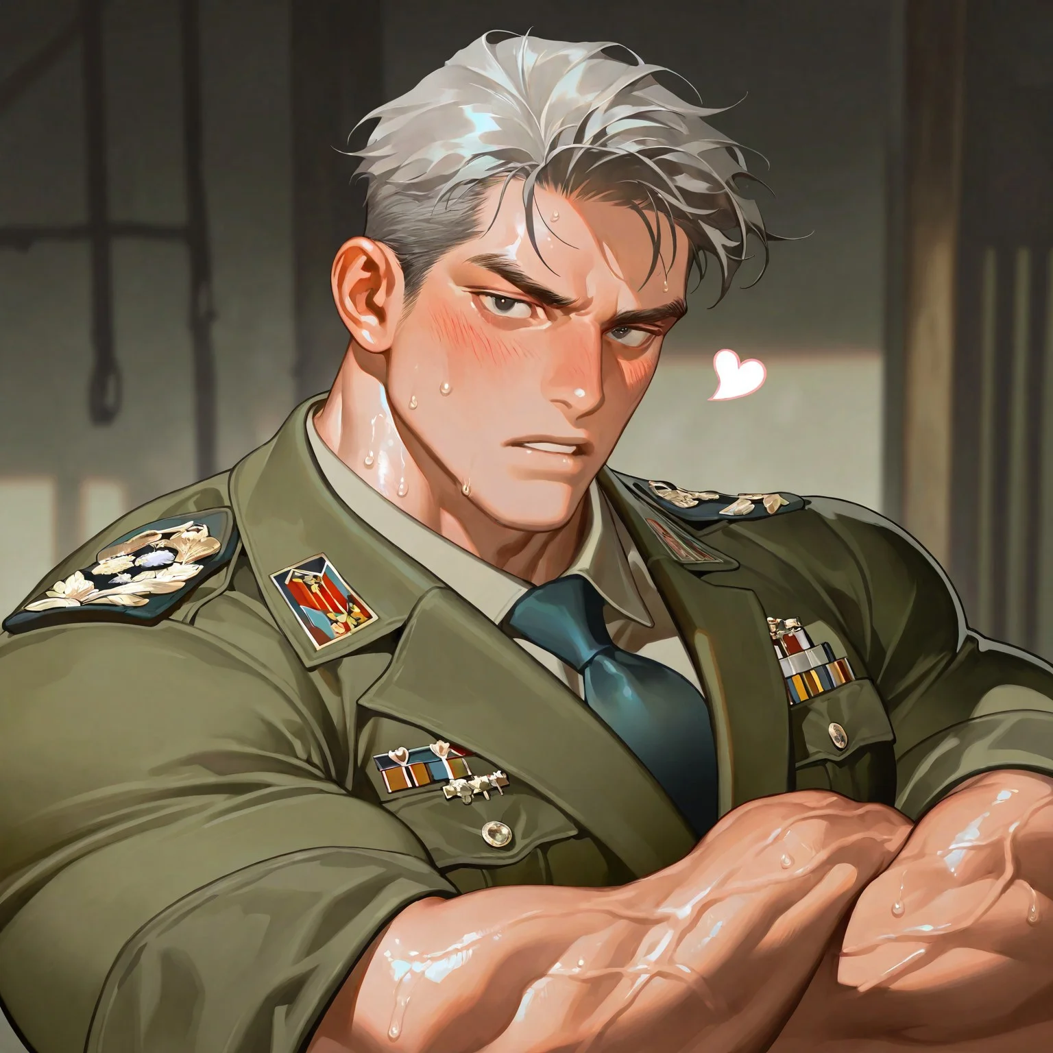 safe_pos, masterpiece, best quality, absurdres, newest, perfect quality, best quality, absolutely eye-catching, detailed background, intricate details, 1boy, grey hair, black eyes, green jacket, tie, military outfit, looking at viewer, serious, blush, bara, large pectorals, huge pectorals, muscular, shiny body, sweaty, veiny arms, huge biceps, big biceps, face close-up, portrait, hearts, parted lips, crossed arms, very awa, masterpiece, best quality, absurdres, newest, perfect quality, detailed background, intricate details, (artist:rei \(sanbonzakura\):0.8), (artist:takahiroshi:0.7), (artist:neilos:0.6), (artist:fl \(l-fl\):0.5)
