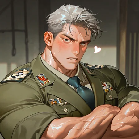 safe_pos, masterpiece, best quality, absurdres, newest, perfect quality, best quality, absolutely eye-catching, detailed background, intricate details, 1boy, grey hair, black eyes, green jacket, tie, military outfit, looking at viewer, serious, blush, bara, large pectorals, huge pectorals, muscular, shiny body, sweaty, veiny arms, huge biceps, big biceps, face close-up, portrait, hearts, parted lips, crossed arms, very awa, masterpiece, best quality, absurdres, newest, perfect quality, detailed background, intricate details, (artist:rei \(sanbonzakura\):0.8), (artist:takahiroshi:0.7), (artist:neilos:0.6), (artist:fl \(l-fl\):0.5)