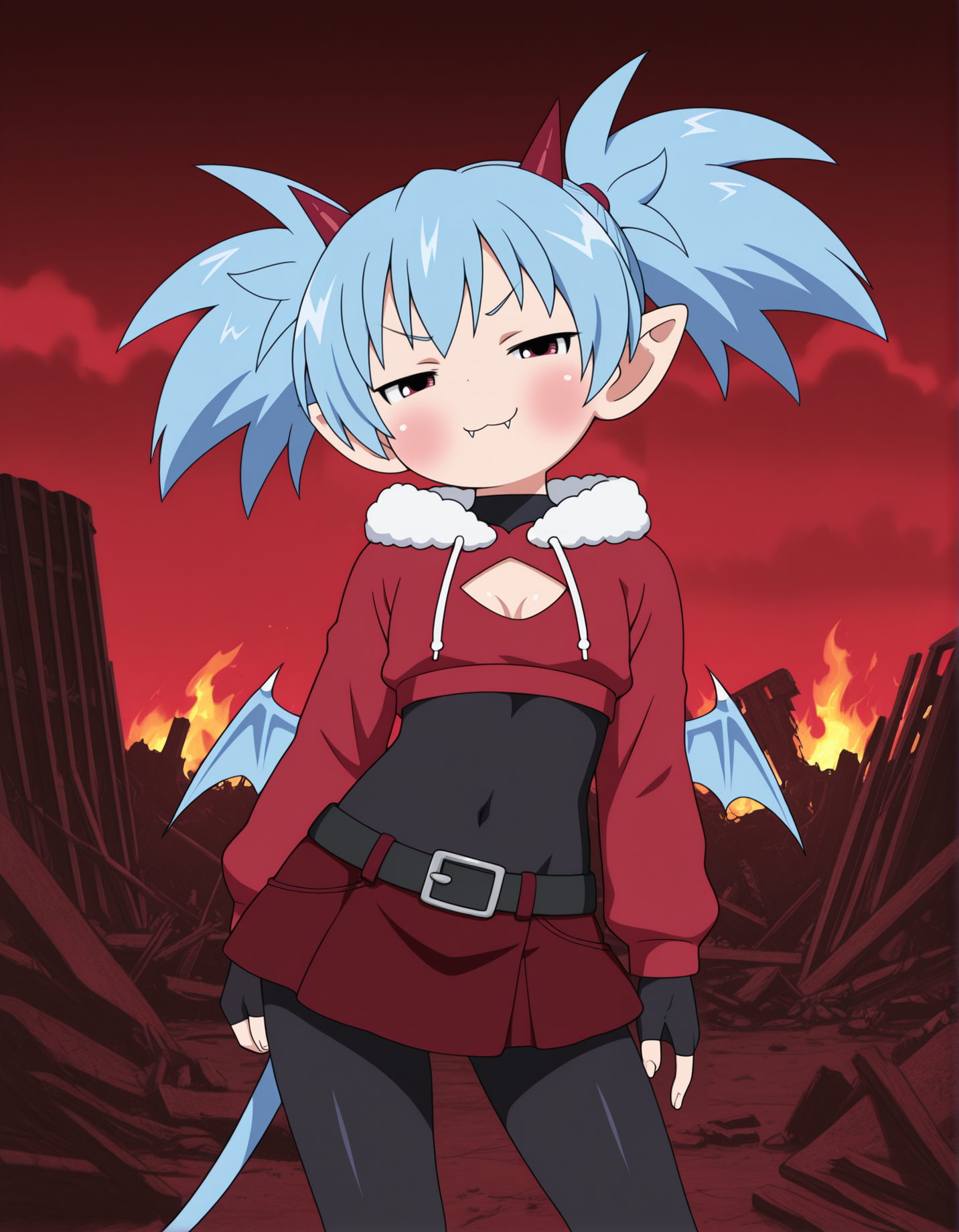 1girl, solo, ruins, hell, cloud, red sky, dark sky, fiery sky, fire, cowboy shot,
<lora:Nullantwins:0.8> zhuu, red eyes, blue hair, red horns, demon tail, blue tail, demon wings, blue wings, twintails, big hair, pointy ears,
red hoodie, cropped hoodie, long sleeves, black bodysuit, fur-trimmed hoodie, blue fur, black gloves, fingerless gloves, cleavage cutout, red skirt, midriff, black belt, belt buckle, blue drawstring,
contrapposto, light smile, blush, looking at viewer, smug, :3, fangs out,
<lora:Mitsudomoe:1> mitsudomoe, extremely detailed, highres, masterpiece, best quality