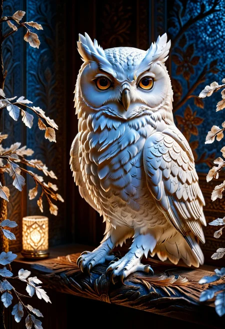 A photorealistic image of a majestic owl figure,
crystalstexture skin,(extremely delicate and beautiful), highly detailed, WhiteMold, art style, 3d printed mold, 
intricate details, dramatic composition, contrast, texture, realism, high quality, stunning art, film grain, volumetric lighting, detailed, 
background is cozy room,