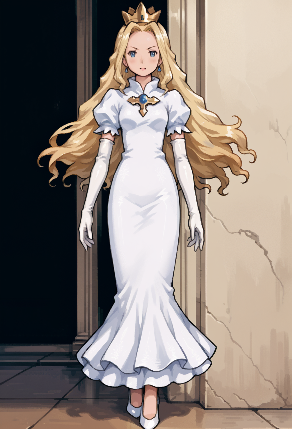 score_9, score_7_up, source_anime, BREAK  <lora:PrincessPride:0.6> Princesspride,||  crown, white dress, puffy short sleeves, white gloves, elbow gloves, white footwear, high heels,  <lora:yoshida_akihiko_style_pony_d16:1>