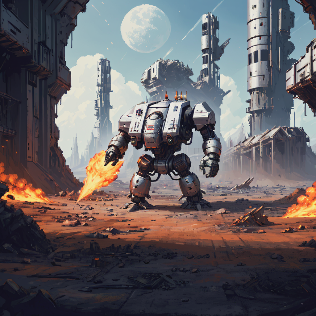 a four meter tall silver drdnght machine with rocket launcher and flamethrower walks across an ruined space station searching for enemies, rockets streak across space and explode in blooming fireballs