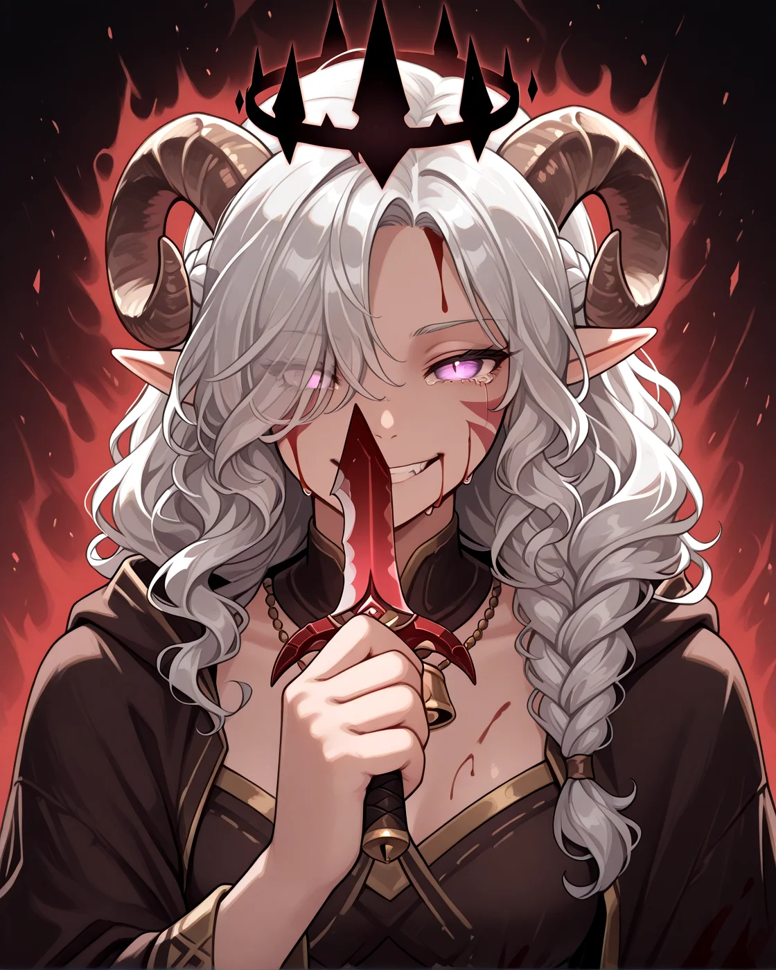 <lora:crown_of_madness:1>crown_of_madness, glowing red ruined_crownand fog with glowing eyes, from below , pained expression, slit pupils:1.3, solo, holding simple dagger, glowing, blood on dagger, hypnosis, blood_on_face, evil smile, looking at viewer, empty eyes, blood on clothes, dynamic pose, pov , injury male, hand up, light on crown, aura, tears, dynamic pose,, masterpiece, tiefling, tail, anime, pointy ears, tiefling, silver hair, ivory sheep horn,
<lora:whisker_markings:0.8>red whisker_markings:1.7, silver long wavy hair, bell necklace, short pointy ears, purple eyes, tiefling_bard_diana:1.2, hair over one eye, braid, <lora:Tiefling_bard_Diana_ILXL:1> cloak,
cow tail:1.4,, <lora:anatomy_helper:0.3> <lora:illustrious_quality_modifiers_masterpieces_v1:1> masterpiece, very aesthetic, absurdres,streaming tears:1.2, looking at viewer, chewing dagger,