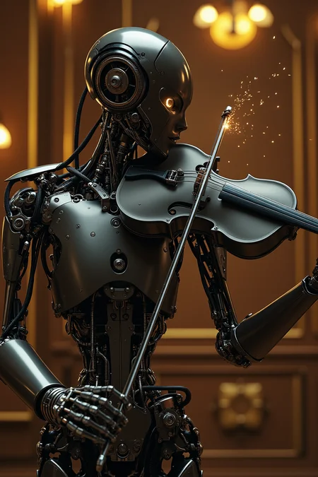 a mechanical humanoid performing with a hyper-detailed carbon fiber violin, visible hydraulics and microactuators in its fingers mimicking delicate human motion, neck and shoulders wrapped in braided sensor cable, polished alloy faceplate with emotionless expression and twin optic sensors, inner gears faintly ticking beneath transparent plating on the forearms, sparks occasionally flick off the bow as it glides across the strings, background is a dimly lit classical concert hall with ambient golden lighting and woodgrain reflections, photoreal and emotionally haunting
mg-mk.1