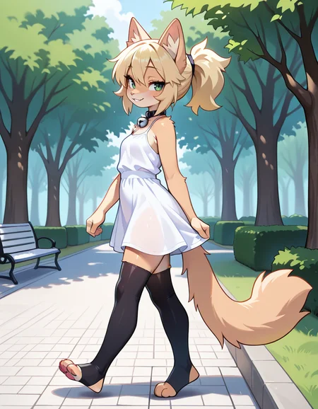 masterpiece, best quality, very aesthetic, absurdres,
outdoors, park, 
sundress, toeless thighhighs, 
walking, from side,
full body, seductive smile, parted lips, long eyelashes,
<lora:Paige_v02_ILXL:1>,
Page,1girl,solo,furry female,cat girl,blonde hair,ponytail,cat ears,animal ear fluff,green eyes,animal nose,collar,neck bell,body fur,cat tail,