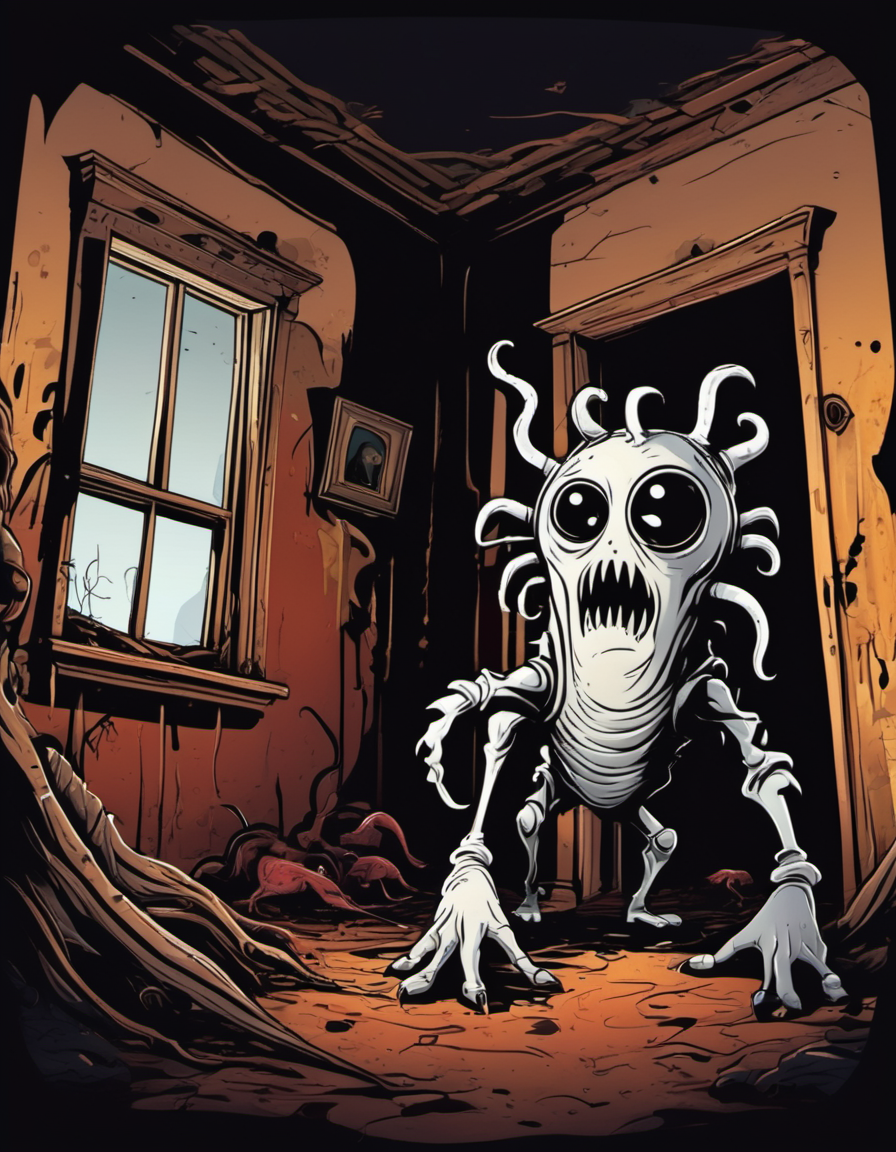 breathtaking vector cartoon illustration of  unsettling photo of strange creatures in abandoned house, scaring photo <lora:Vector cartoon illustration-000008:1>