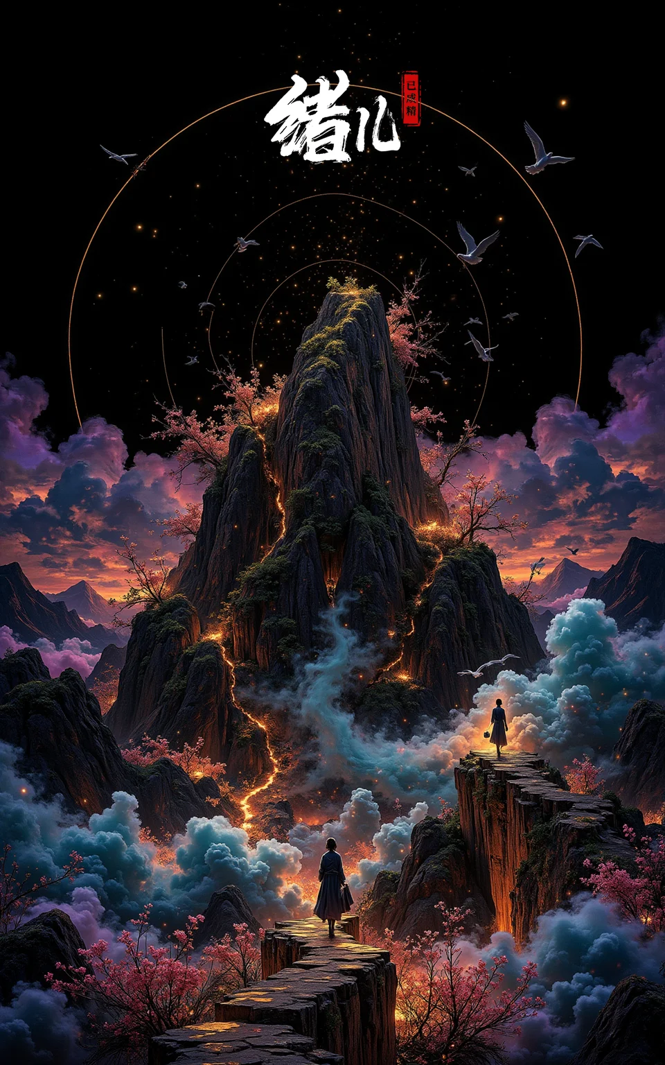 rabbit, no humans, sitting, flower, steam, cup, food, closed eyes, blush, gradient, gradient background, mountain,
stunningly beautiful,Blue and purple smoke,black background,
The golden lines depict the outline of a mountain peak, there are green clouds, a circle of thin lines around the mountain, a person carrying a bamboo basket walking on a path in the mountain, the sky in the distance there are several cranes flying, some peach blossoms inlaid with gold, flying with the wind, the tilted picture, from the sky overlooking the perspective, Chinese ink artistic conception, new meticulous painting, in the style of dreamy landscapes, physically based rendering, villagecore, winslow homer, aerial view, distorted reality, orient-inspired,
unconventional supreme masterpiece,masterful details,temperate atmosphere,see-through,sunlight,Klein Blue flower,scenery,light particles,red theme,star (sky),night sky,scenery,starry sky,sunset,silhouette,
