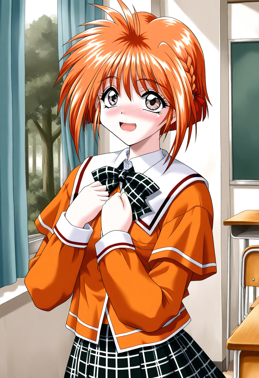 general,highres, ultra-detailed,very aesthetic,best quality ,best hands, BREAK <lora:Kawahara_Ayano_Akumu_AoiKajitsunoSange_IS:0.8>
Kawahara_Ayano, 1girl, solo, short hair, orange hair, small breasts, gray eyes, bangs, 
open mouth, embarrassed+surprised,
smile,
orange school uniform, black and white plaid skirt,   
ribbon,  hands on own chest,  
braid, plaid bow, forest,  long sleeves, 
class room, curtain,