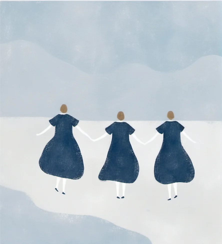 abstract,minimalist,illustration,three figures,holding hands,blue dresses,white background,textured,painterly style,muted colors,simple composition,minimalist art,conceptual artwork,faceless characters,surreal,artistic impression,soft tones,contemporary art,figurative abstraction,subtle details,gentle hues,impressionistic.,
<lora:æ²»æ-000009:0.8>,