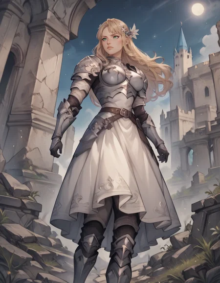 score_9, score_8_up, score_7_up,score_6_up, score_5_up, score_4_up ,1girl, solo,
large breasts,
noradg,
long hair, blonde hair,green eyes, hair ornament,
armored dress, belt boots, shoulder armor, breastplate, armored boots,
castle, ruins, light particles, night,
from below,
running,
<lora:NoraDG_PDXL-v01-000003:1>