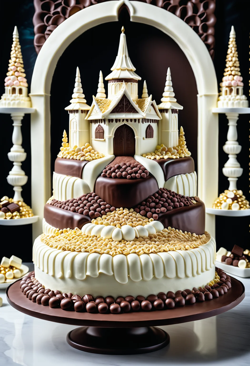 A masterpiece of a giant cake, One Line Art of a landscape of a (irelink Shrine:1.2) , Ambrotype, symmetry, Jed-ChocoC, chocolate, cereals, <lora:last:0.7>, Jed-whtccae, <lora:WhiteChocoStyle-000005:0.6>, Jed-mrshmlw, <lora:MarshmallowStyle-000007:0.5>, Icing, stunningly beautiful background, masterpiece, enchanted, colorful, glossy, ambient light, perfect symmetry