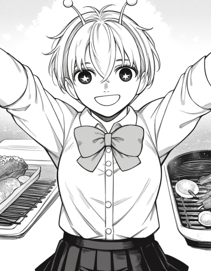 score_9, score_8_up, score_7_up, source_anime, <lora:vamola-manga-ponyxl-lora-nochekaiser:1>, vamola, short hair, bangs, hair between eyes, symbol-shaped pupils, antennae, star-shaped pupils, monochrome, greyscale, medium breasts,, skirt, shirt, bow, school uniform, jacket, pleated skirt, collared shirt, bowtie,, backyard, barbecue, grilling, laughter, summer evening, smile, on back, arm support, arms up, incoming hug, pov, reaching, reaching towards viewer,, looking at viewer, solo,, dutch angle, cowboy shot