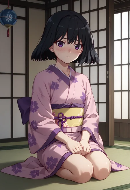 score_9, score_8_up,
1girl, <lora:SeiuHigasa_OffSeason_PDXL:0.9>, seiuhigasa, black hair, purple eyes, short hair,
kimono,
blush, shy, sitting,
indoors