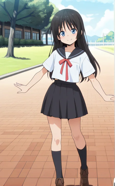 masterpiece, best quality, highres, newest, 1girl, solo, official style, anime screencap, <lora:IL_Chloe_Aubert:1>, chloeaubert, long black hair, blue eyes, school uniform, white shirt, serafuku, short sleeves, red ribbon, black pleated skirt, black socks, brown shoes, extended arms, smile, outdoor, scenery, looking at viewer, five fingers, centered image