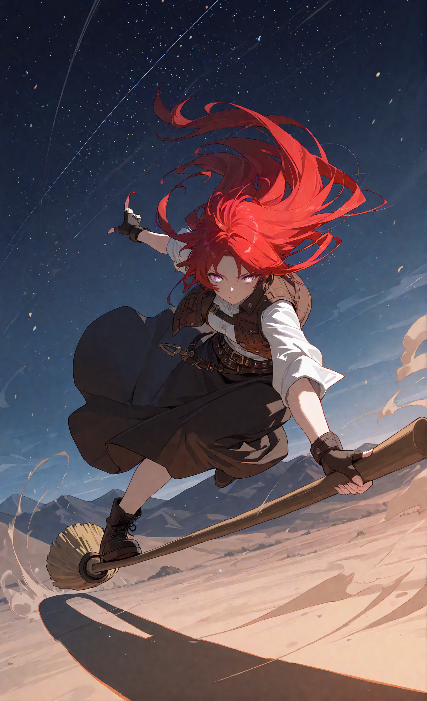 masterpiece, sharp detail, intricate detail, 1girl, detailed eyes, gradient eyes, highly detailed hairs, red hair, long hair, belt, long skirt, vest, fingerless gloves, dynamic pose, dynamic angle, standing,  <lora:Broom Surfing:0.8>, broom surfing, long shot, partially illuminated, dappled light, dramatic shadows, cinematic lighting, detailed background, light and shadow contrast, starry sky, mountain, landscape, dust cloud, motion lines, motion blur,
