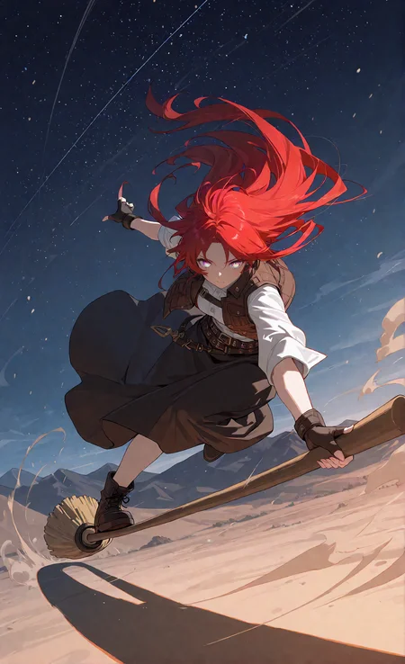 masterpiece, sharp detail, intricate detail, 1girl, detailed eyes, gradient eyes, highly detailed hairs, red hair, long hair, belt, long skirt, vest, fingerless gloves, dynamic pose, dynamic angle, standing, <lora:Broom Surfing:0.8>, broom surfing, long shot, partially illuminated, dappled light, dramatic shadows, cinematic lighting, detailed background, light and shadow contrast, starry sky, mountain, landscape, dust cloud, motion lines, motion blur,
