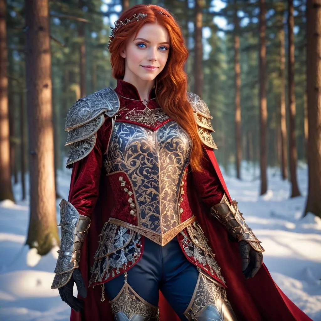 Odessa, masterpiece, highly realistic, 1girl, solo, red hair, long hair, smile, circlet, pants, cape, armor, closeup, full body, outdoors, (masterpiece:1.1), (best quality:1.1), 1girl, Real light and shadow, raytracing, 4k, 8k, wallpaper, epic, detail texture, red hair, (blue eyes:1.5), ((((red hair:1.35, medium hair)))), intricate eyes, beautiful detailed eyes, symmetrical eyes, big eyes:1.5, (((lustrous skin:1.5, bright skin:1.5, skin tanned, shiny skin, very shiny skin, shiny body, plastic glitter skin, exaggerated shiny skin, illuminated skin))), (detailed body,(detailed face)), cute, erotic, daring, (((medieval armor, adventurer man armor,winter coat))), (((intricate outfit, intricate clothes, embroidered outfit, ornate outfit, embroidered clothes, ornate armor))), (dynamic pose:1.0), happy, smile, (centered, scale to fit dimensions, Rule of thirds), ((snowy pine forest at night)), with dark stormy clouds, winter, scenery:1.25, ((snow forest background)), Christmas tree, highres, sharp focus, (ultra detailed, extremely detailed), (photorealistic),(extremely detailed CG unity 8k wallpaper), (((vibrant colors, vibrant theme))), (intricate), (masterpiece),(best quality), lean on table, lace dress, Princess Eilonwy,