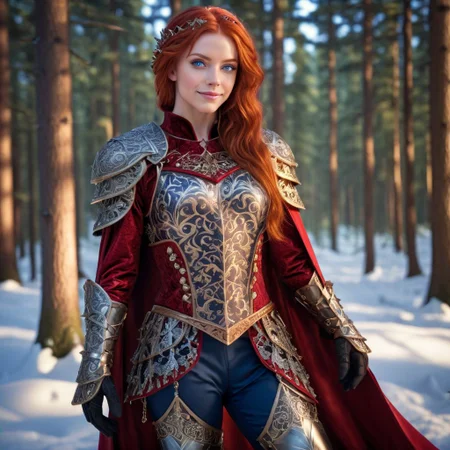 Odessa, masterpiece, highly realistic, 1girl, solo, red hair, long hair, smile, circlet, pants, cape, armor,  closeup,  full body, outdoors, (masterpiece:1.1), (best quality:1.1), 1girl, Real light and shadow, raytracing, 4k, 8k, wallpaper, epic, detail texture, red hair, (blue eyes:1.5), ((((red hair:1.35, medium hair)))), intricate eyes, beautiful detailed eyes, symmetrical eyes, big eyes:1.5, (((lustrous skin:1.5, bright skin:1.5, skin tanned, shiny skin, very shiny skin, shiny body, plastic glitter skin, exaggerated shiny skin, illuminated skin))), (detailed body,(detailed face)), cute, erotic, daring, (((medieval armor, adventurer man armor,winter coat))), (((intricate outfit, intricate clothes, embroidered outfit, ornate outfit, embroidered clothes, ornate armor))), (dynamic pose:1.0), happy, smile, (centered, scale to fit dimensions, Rule of thirds), ((snowy pine forest at night)), with dark stormy clouds, winter, scenery:1.25, ((snow forest background)), Christmas tree, highres, sharp focus, (ultra detailed, extremely detailed), (photorealistic),(extremely detailed CG unity 8k wallpaper), (((vibrant colors, vibrant theme))), (intricate), (masterpiece),(best quality), lean on table, lace dress, Princess Eilonwy,