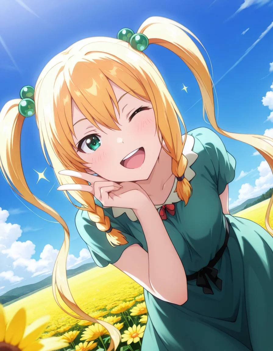 smile, leaning forward, arms behind back, wink, open mouth, upper teeth only, sparkle, v, hand on own face, field, flowers, blue sky, sunny, <lora:Kodama_Himegami_LCD_v01:1> kodamahimegamilcd, braid, twintails, hair bobbles, blonde hair, green eyes, long hair, 
dutch angle, depth of field, HDR, 8K, masterpiece,best quality,amazing quality, highest score,