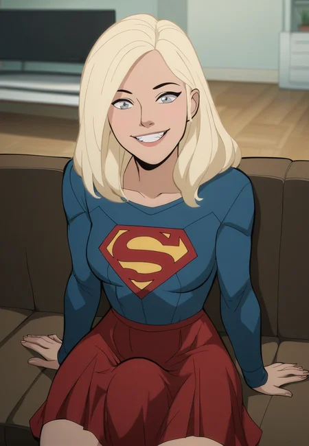 score_9, score_8_up, score_7_up, source_catoon, <lora:Supergirl_PDXL_by_paprikalem:0.9>, futa supergirl, grey eyes, blonde hair, long hair, medium breasts, shirt, skirt, (huge bulge under skirt), sitting, on couch, evil smile, fron view, close up, solo, indoors, best quality, high quality