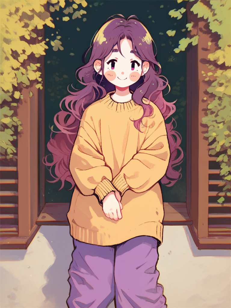 score_9, score_8_up, score_7_up, cute girl, purple long hair, wavy hair, sweater, baggy pants, near to tree, shy, looking at viewer, cowboy shot, smile, cute, full body, solo, dutch angle, detailed background, 
 <lora:ANemupan_style:1>, Nemupan, flat color,