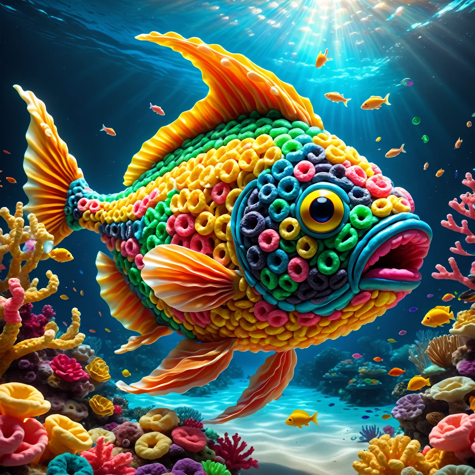 made of Fruit loops , epic digital picture of a giant fish swimming deep in the ocean surrounded by glowing coral reefs, masterpiece, dramatic cinematic lighting, unforgettable, very intricate, high detail , photorealistic detail, ultra-realism , photorealistic, ultra detailed ,octane render, <lora:FruitLoopStyle_epoch_9:0.4> <lora:SDXLFaeTastic2400:0.5>