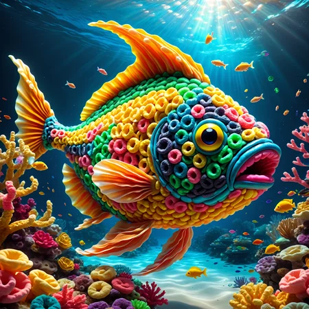 made of Fruit loops , epic digital picture of a giant fish swimming deep in the ocean surrounded by glowing coral reefs, masterpiece, dramatic cinematic lighting, unforgettable, very intricate, high detail , photorealistic detail, ultra-realism , photorealistic, ultra detailed ,octane render, <lora:FruitLoopStyle_epoch_9:0.4> <lora:SDXLFaeTastic2400:0.5>