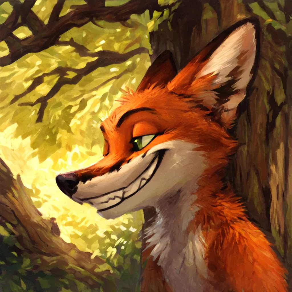 score_9, score_8_up, score_7_up, source_furry, rating_safe, by kenket, anthro, solo, male, fox, green eyes, leaning against tree, grin,
<lora:Better_Kenket:0.9>, score_9, score_8_up, score_7_up, score_6_up, score_5_up,