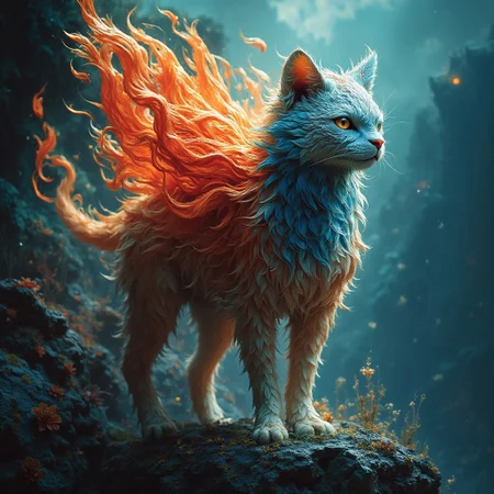 A hyper-realistic cinematic photo of a majestic, mythical guardian in the form of a cat, with its entire body composed of intricate, feather-like layers that seamlessly blend fiery oranges, deep reds, and cool blues. The guardian’s fur is a mesmerizing fusion of natural and ethereal elements, with each feather delicately textured, giving the impression of living fire and flowing water intertwined. Its intense, golden eyes gleam with intelligence and otherworldly power, The guardian’s body is poised in a graceful, yet powerful stance, exuding a sense of authority and mysticism. Surrounding the creature is an aura of soft, swirling energy that accentuates the flow of its feathered fur, making it seem as though the guardian is constantly in motion, even in stillness. The backdrop of the photo features a mystical landscape, where the boundaries between reality and the supernatural blur, enhancing the guardian’s enigmatic presence.The overall atmosphere is rich with realism, making the guardian appear as if it could step out of the frame and into the real world.