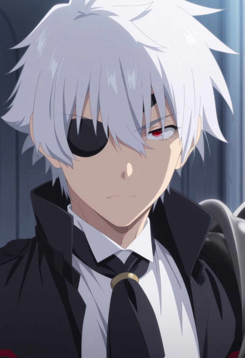 masterpiece,best quality,amazing quality, source_anime, 
NagumoHajime, 1boy, male focus, solo, red eyes, eyepatch, white hair, single mechanical arm, shirt, white shirt, collared shirt, necktie, black necktie, coat, black coat, serious, portrait,