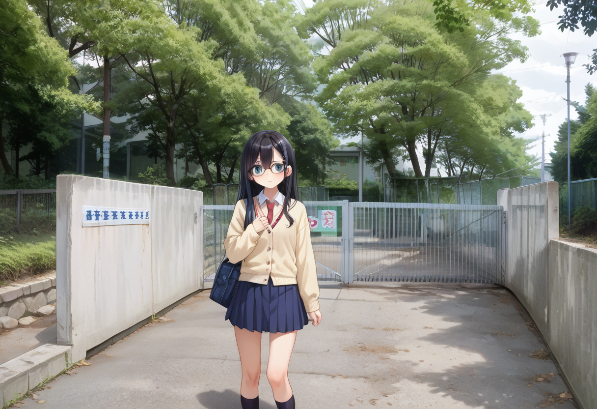 score_9, score_8_up, score_7_up, rating_safe, masterpiece, best quality, absurdres, unity 8k wallpaper, official art, official style, source_anime, uncensored, game cg, megami magazine,
1girl, solo, glasses, black hair, long hair, blue eyes, collared shirt, red necktie, pleated skirt, blue skirt, cardigan, looking at viewer, blush, school bag, 
school gate, tree, scenery, outdoors, fence, day, sign, building, real world location
 <lora:schoolgate_PONY_V1:1>