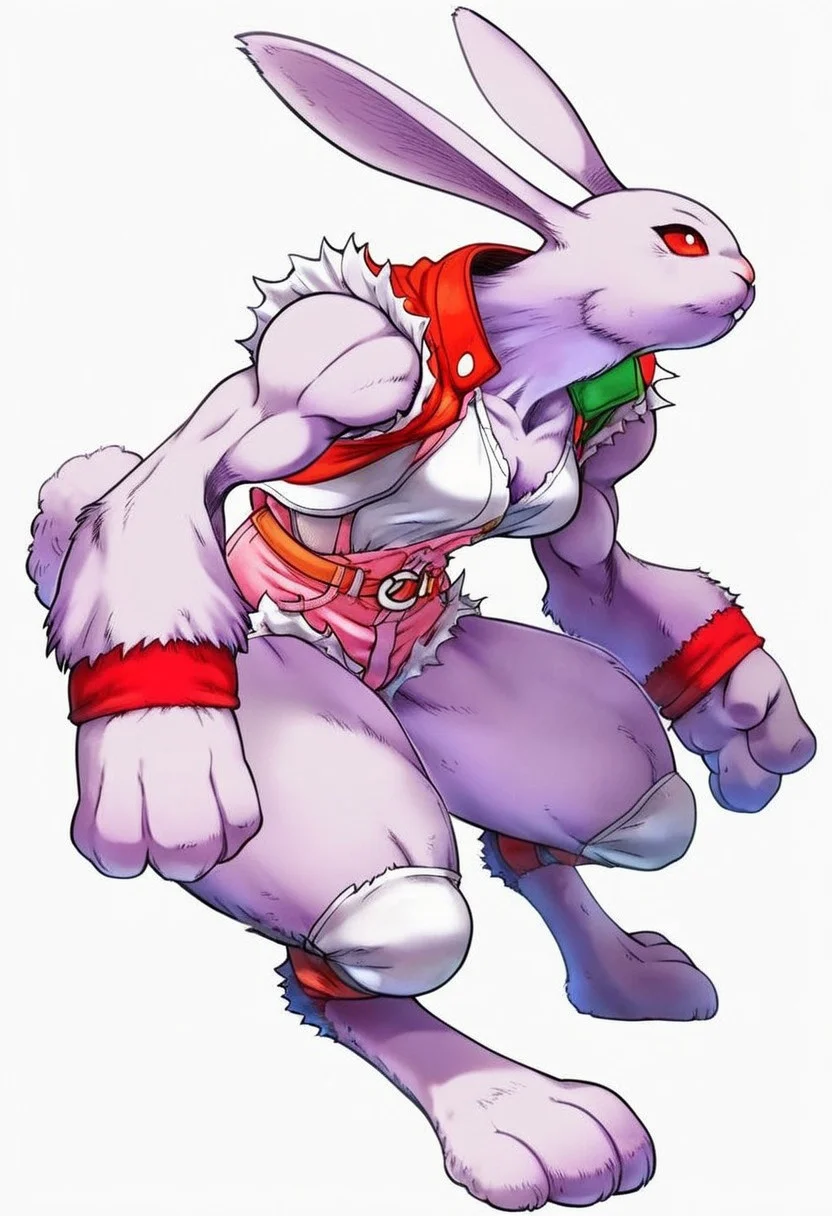 score_9,score_8,score_7,
alice_bloodyroar,
alice_bloody_roar, alice_bloodyroar, rabbit_bloody_roar, 1girl, rabbit girl, bloody_roar_1, casual_br_1, solo, rabbit, red eyes, furry, shorts, rabbit ears, no humans, 1girl, animal ears, vest, furry female, knee pads, muscular, simple background, white background, full body, denim,