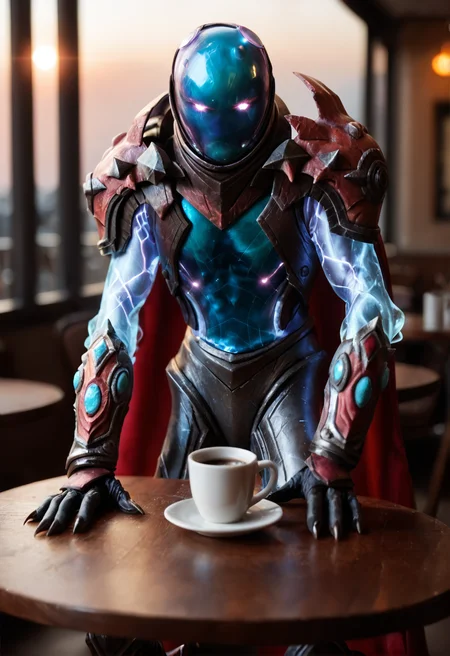 <lora:Arc_Warden_v1:1> arc_warden_v1,
1boy, no humans,
glowing,
claws,
armor, cape, helmet,gloves, shoulder armor, boots, gloves,, score_9, score_8_up, score_7_up, score_6_up, derpibooru_p_95,
detailed eyes, beautiful, detailed background, perfect eyes,
blur censor, blurry, blurry background, blurry foreground, bokeh, motion blur,
chromatic aberration, depth of field, figure, focused, focus
photography, realistic sun light and shadows, photorealism, UHD --ar 9:16 --style raw --stylize 700,
solo,
cafe table, sunrise,dramatic lighting, coffee on table, 1990s \(style\), vintage,, sitting on chair,looking at viewer,