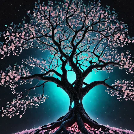 biolumen, cherry blossom tree,universe,luminous leaf, galaxy, night sky, BL4CK3STBL4CK, black_theme, matte_color, flat color
