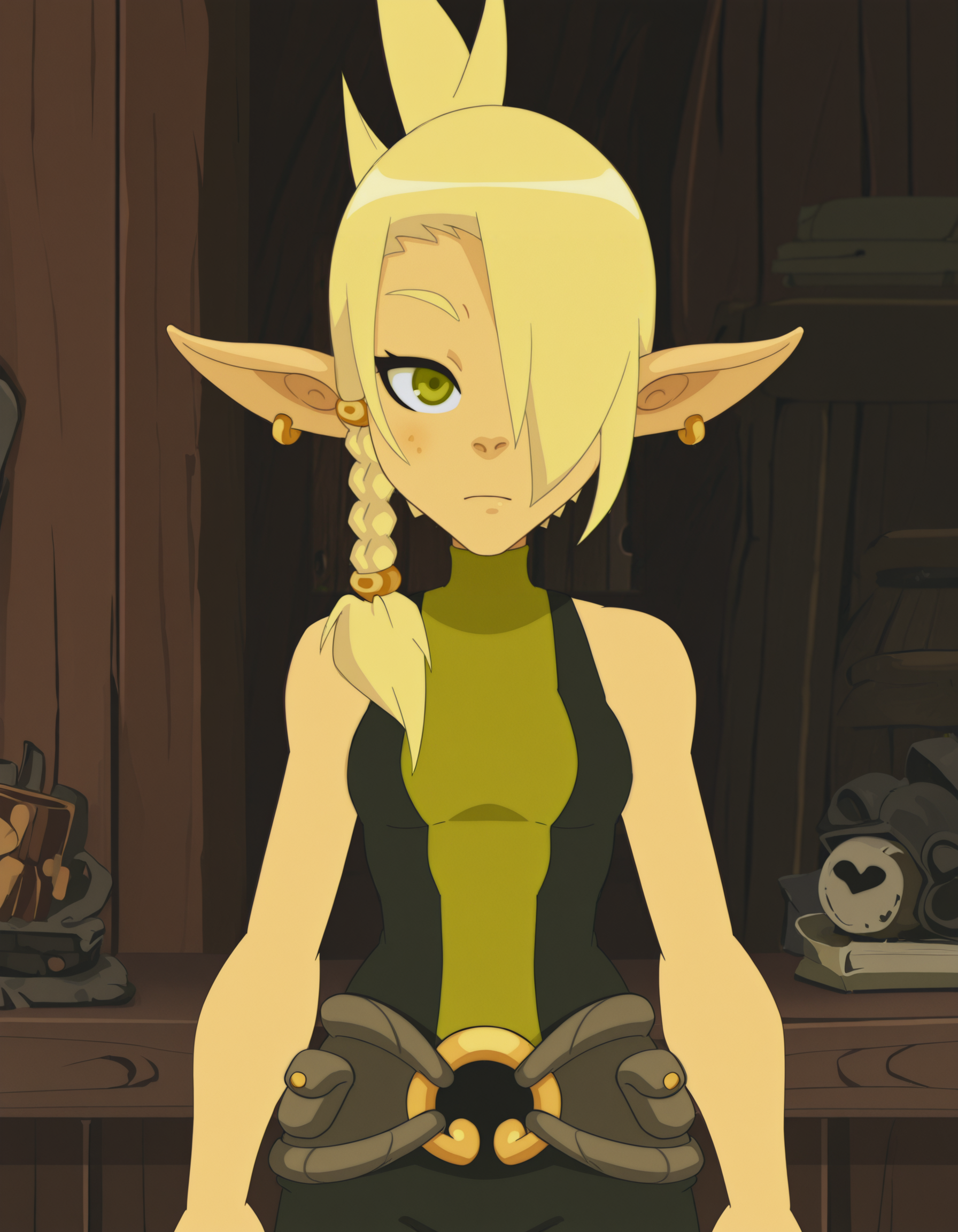 cleophee,solo pointy ears, blonde hair, jewelry,sleeveless, pants ,belt,  braid, green eyes, hair over one eye, 1girl, bare shoulders,cowboy shot, indoors,,looking at viewer,     <lora:CleopheeIllustrious1.0JLFO:1>