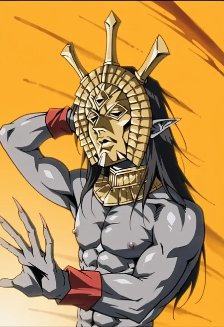 score_8, score_8_up, score_7_up, source_anime, anime screenshot, 1boy, male focus, solo, DagothUr_TES3, grey skin, colored skin, pointy ears, black hair, long hair, gold mask, mask, third eye, gorget, gold gorget, topless male, muscular, abs, bracer, long fingers, long fingernails, sharp fingernails, kaibanodef, upper body, parody,
